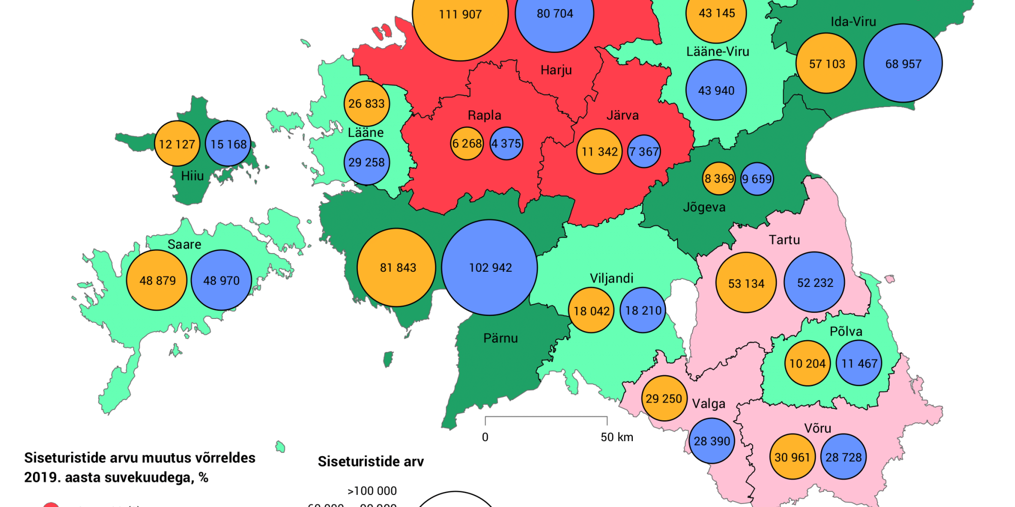 Ööbimiste arv Eesti kaardil maakonniti suvi 2020